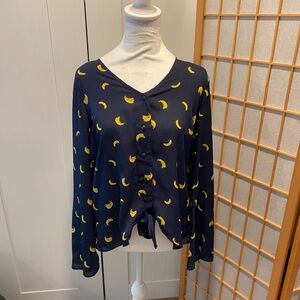 Charming Charlie M Blue Yellow Banana long sleeve tie front button blouse top